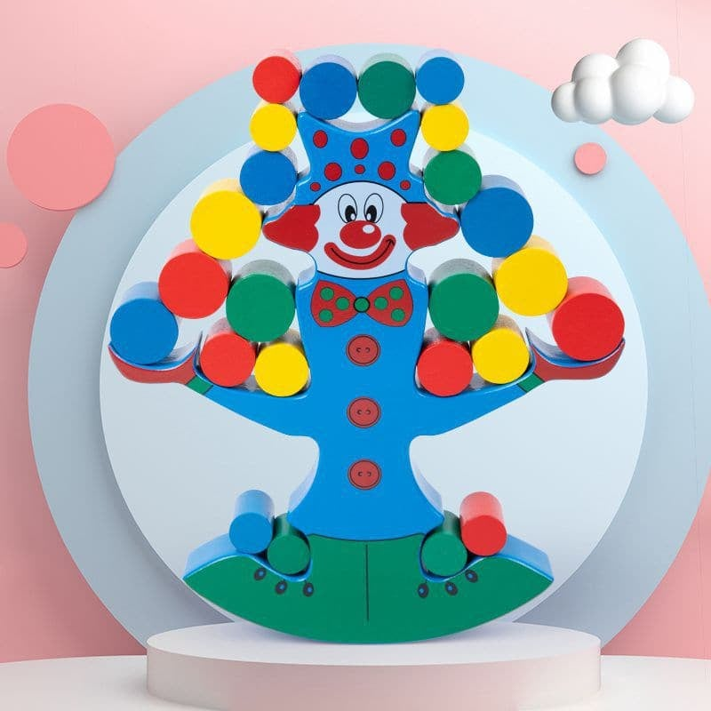 Wooden clown balancing blocks