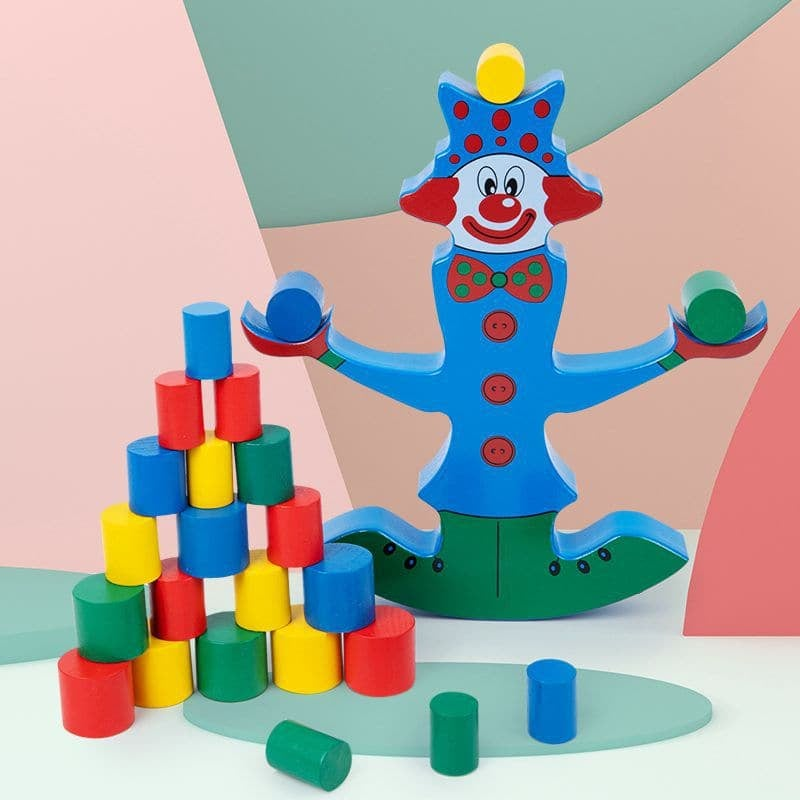 Wooden clown balancing blocks