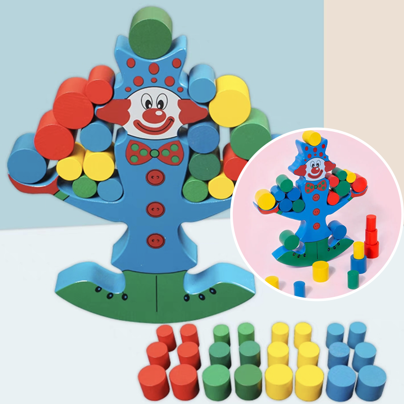 Wooden clown balancing blocks