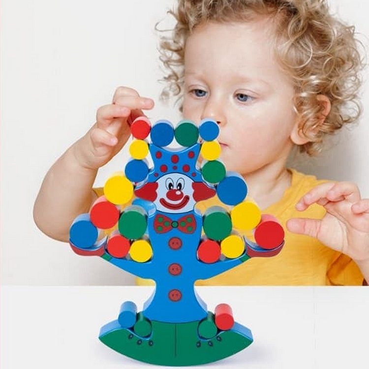 Wooden clown balancing blocks